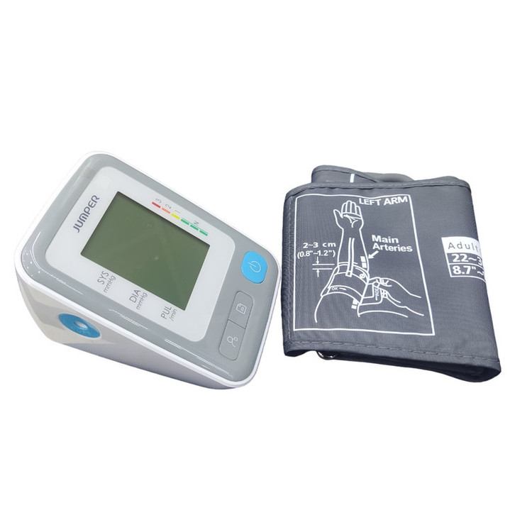 فشارسنج بازویی دیجیتال جامپر مدل JPD-HA300 با نمایشگر LCD، اندازهگیری فشار خون و ضربان قلب، هشدار آریتمی، حافظه دو نفره با ظرفیت 99 رکورد، منبع تغذیه باتری و برق، و خاموشی اتوماتیک
