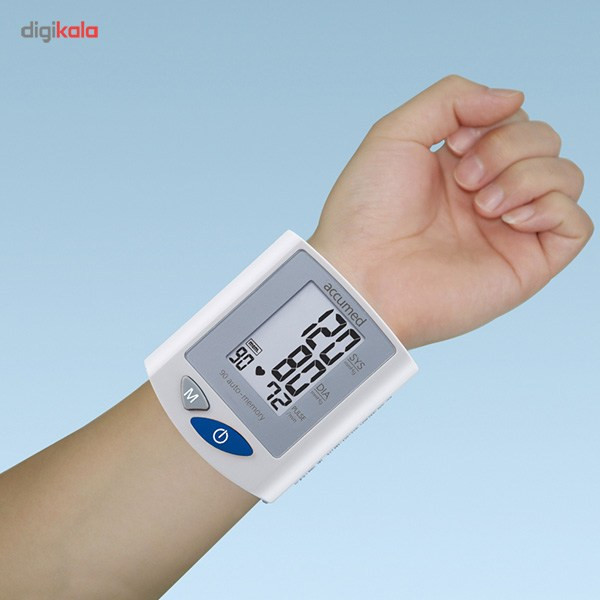فشارسنج مچی اکیومد مدل K150 با صفحه نمایش بزرگ، حافظه 90 رکورد، سنجش ضربان قلب، مناسب مچ 13.5 تا 22 سانتیمتر و استاندارد CE و ISO