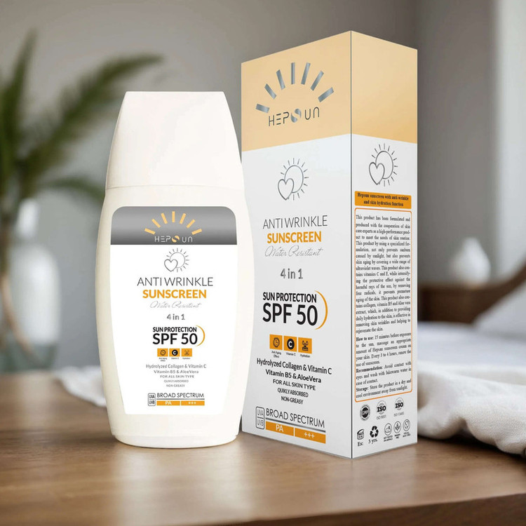 کرم ضد آفتاب و ضد چروک بدون رنگ هپسان SPF50 مدل 4در1 محافظ UVA ،UVB و PA+++ و حاوی ویتامین B5 و C مناسب انواع پوست حجم 50 میلی لیتر
