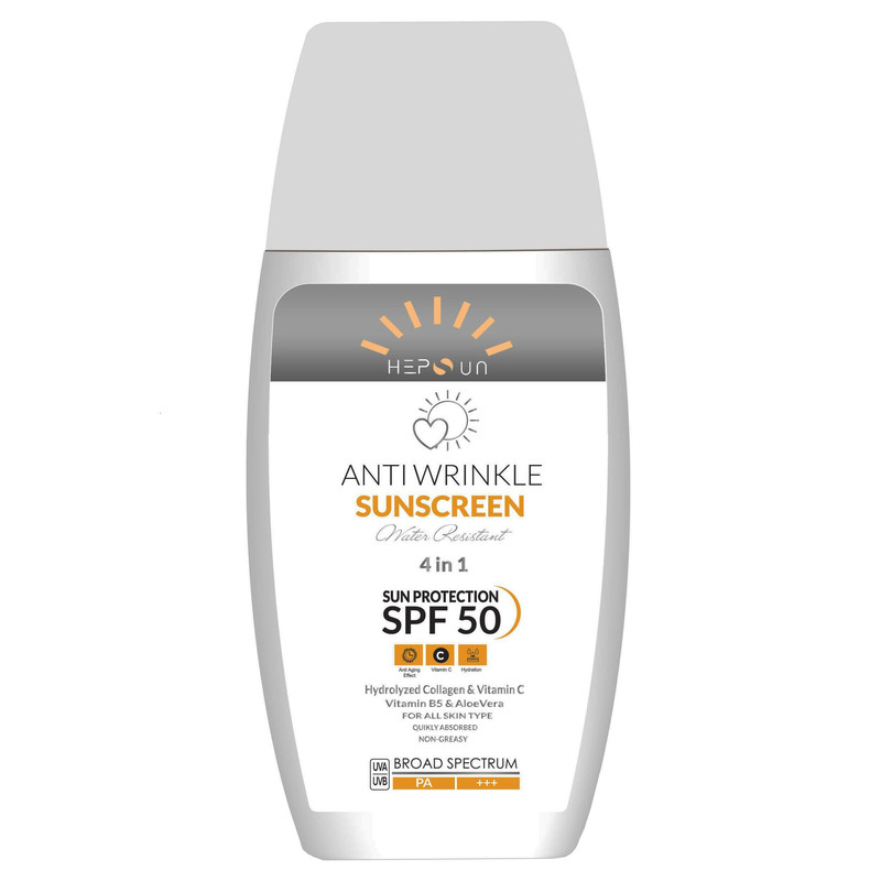 کرم ضد آفتاب و ضد چروک بدون رنگ هپسان SPF50 مدل 4در1 محافظ UVA ،UVB و PA+++ و حاوی ویتامین B5 و C مناسب انواع پوست حجم 50 میلی لیتر