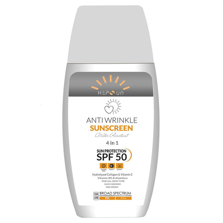 کرم ضد آفتاب و ضد چروک بدون رنگ هپسان SPF50 مدل 4در1 محافظ UVA ،UVB و PA+++ و حاوی ویتامین B5 و C مناسب انواع پوست حجم 50 میلی لیتر
