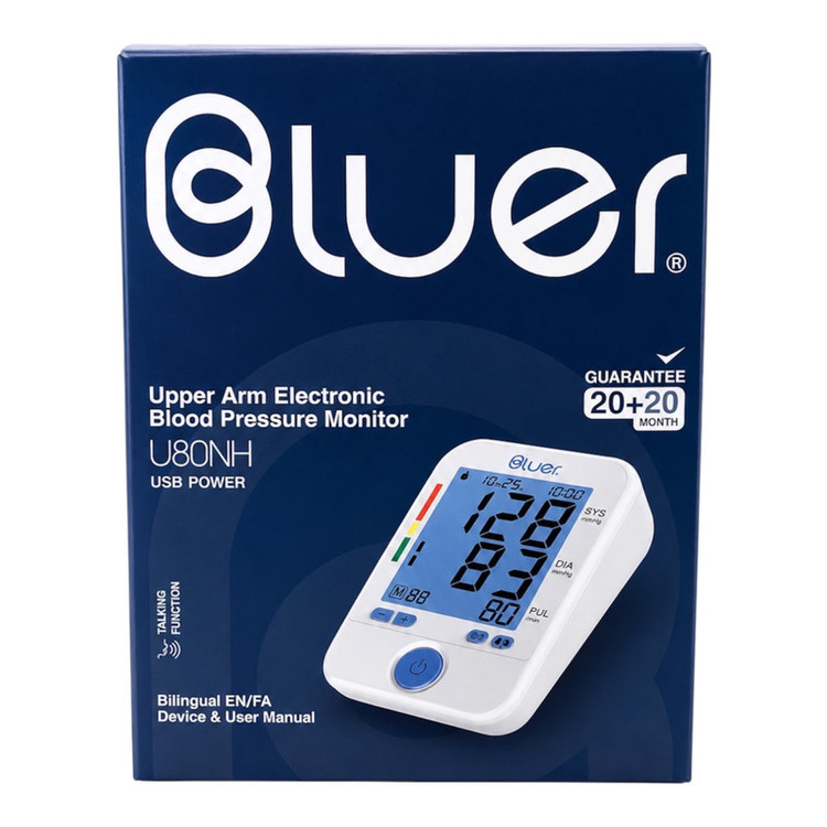 فشارسنج بازویی دیجیتال بلوئر U80NH با نمایشگر LCD، قابلیت اعلان صوتی فارسی، حافظه ۶۱ تا ۹۹ رکورد، ۲ پروفایل کاربر و بازوبند 22-42 سانتیمتری، به همراه کیف ضدضربه و کاف اضافی